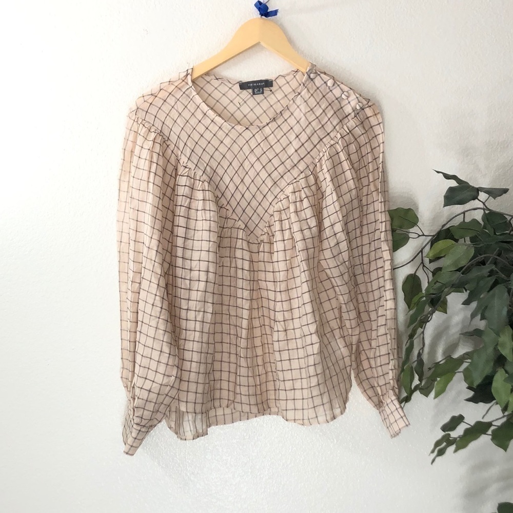 Primark Sheer Checkered Top With Bubble Sleeves